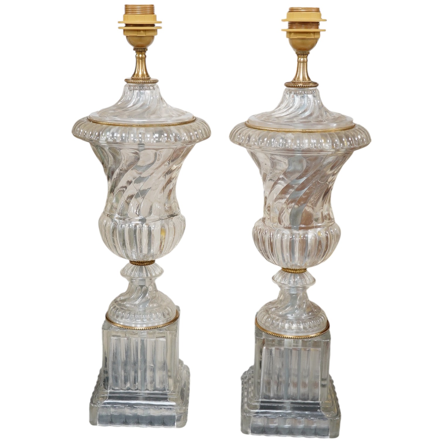 A pair of Italian glass on marble base table lamps with fabric shades, circa 1960's, wired, 75cm high to top of shade, base 15cm. Condition - good